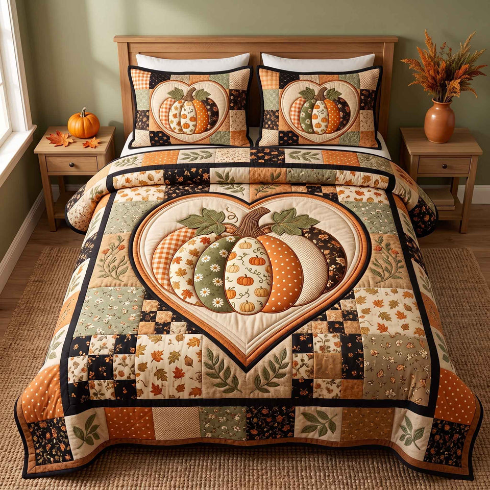 Patchwork Pumpkin Patch in Brown quilted bedding set, quilt and two pillow shams on a made bed