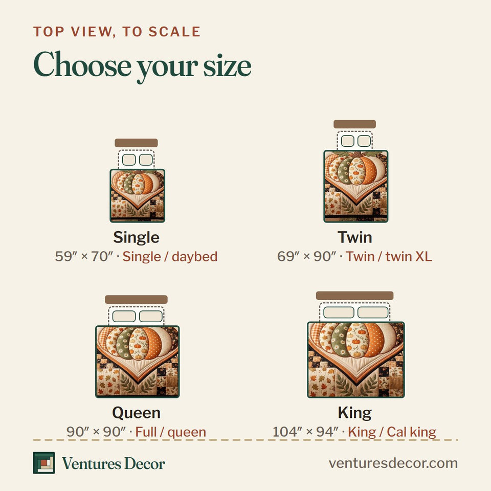 Size guide for the Patchwork Pumpkin Patch in Brown quilt, top view to scale: Single 59 x 70 in, Twin 69 x 90 in, Queen 90 x 90 in, King 104 x 94 in