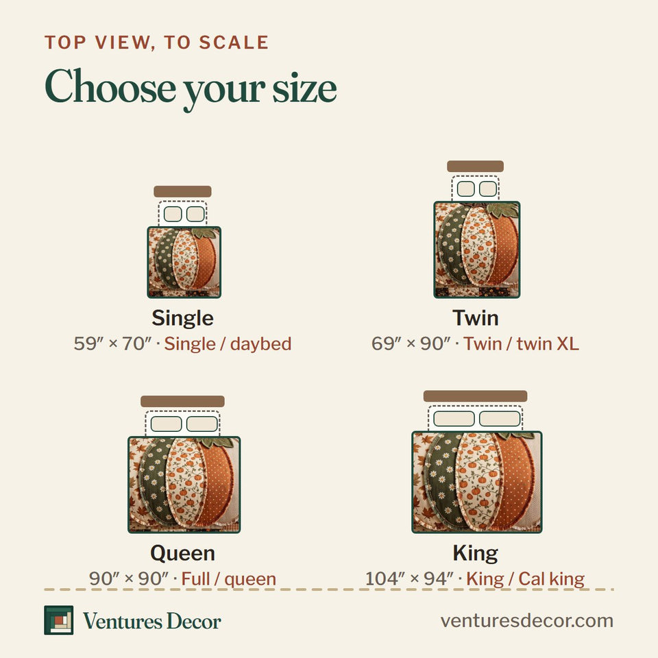 Size guide for the Patchwork Pumpkin Patch in Tan quilt, top view to scale: Single 59 x 70 in, Twin 69 x 90 in, Queen 90 x 90 in, King 104 x 94 in