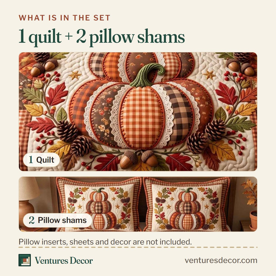 What is in the set: one quilt and two pillow shams, shown in the Patchwork Pumpkin Patch design