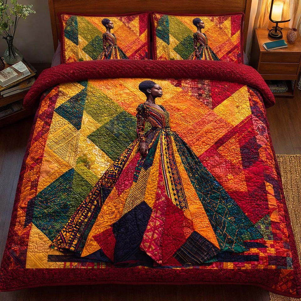 Patchwork Queen quilted bedding set, quilt and two pillow shams on a made bed