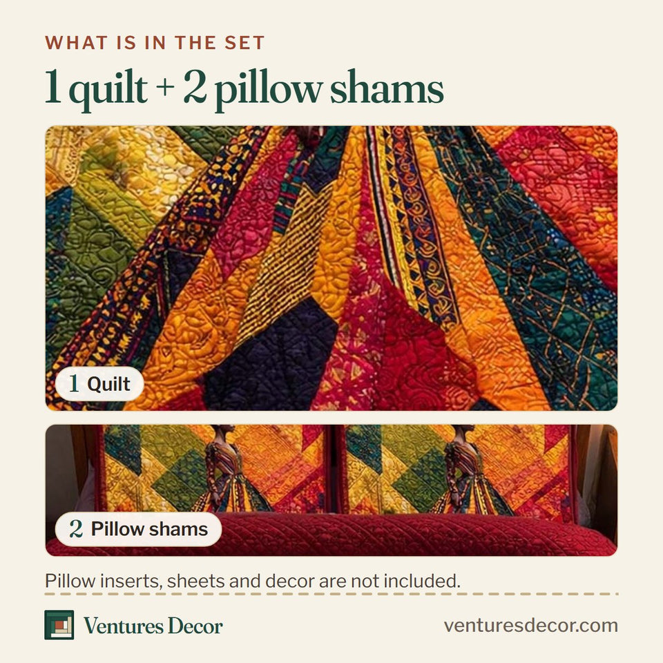 What is in the set: one quilt and two pillow shams, shown in the Patchwork Queen design