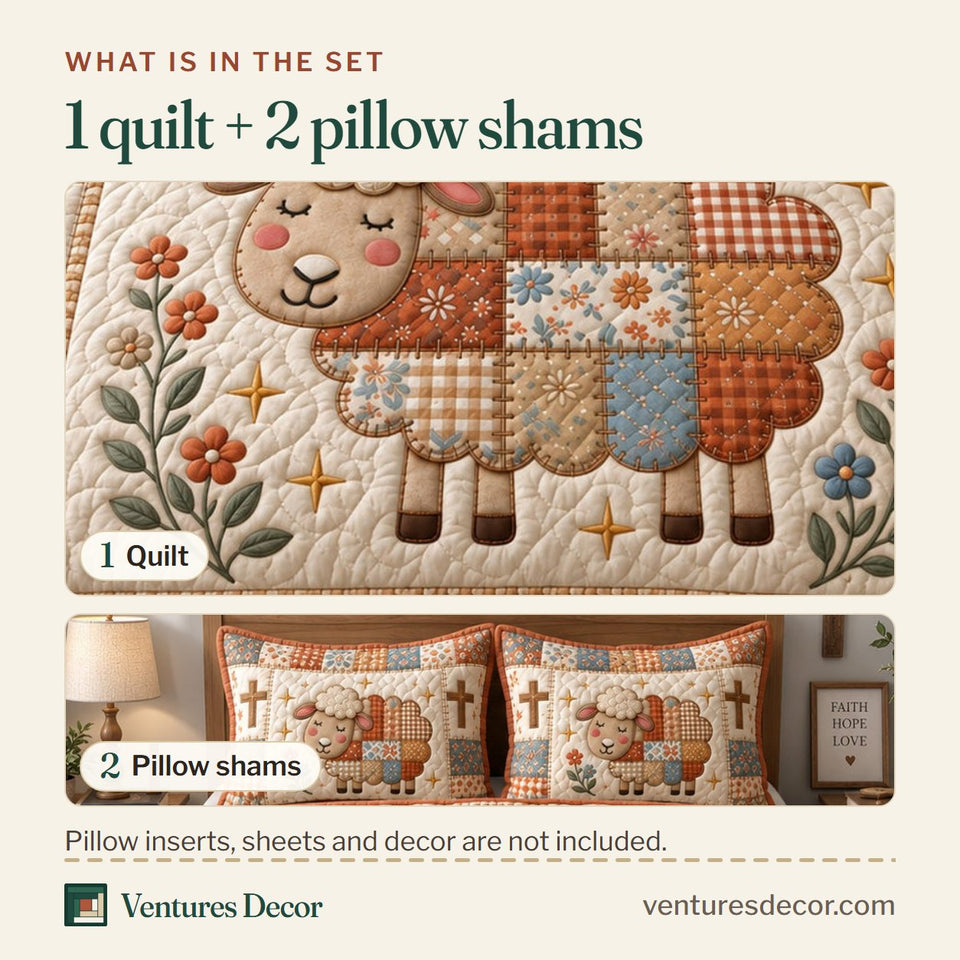 What is in the set: one quilt and two pillow shams, shown in the Patchwork Shepherd Lamb design