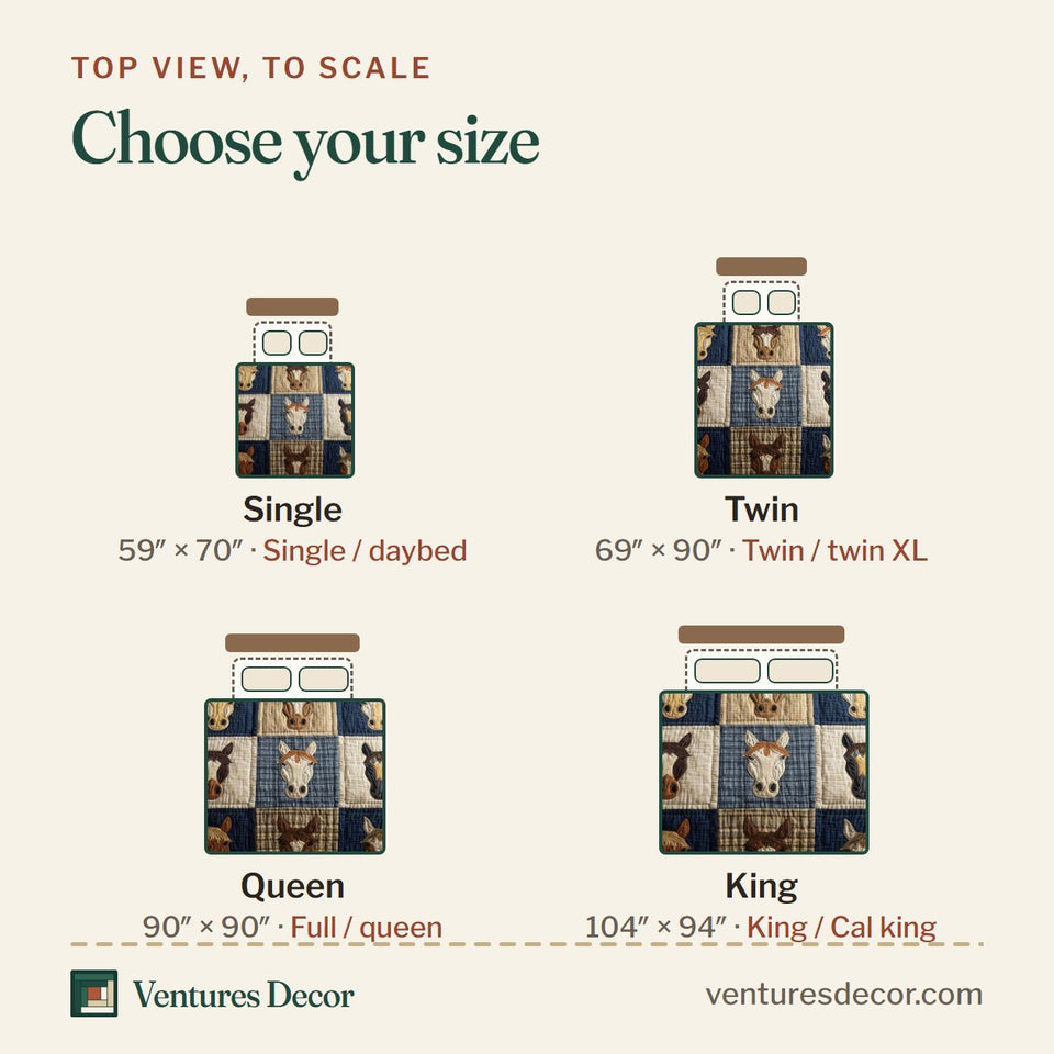 Size guide for the Patchwork Stable quilt, top view to scale: Single 59 x 70 in, Twin 69 x 90 in, Queen 90 x 90 in, King 104 x 94 in
