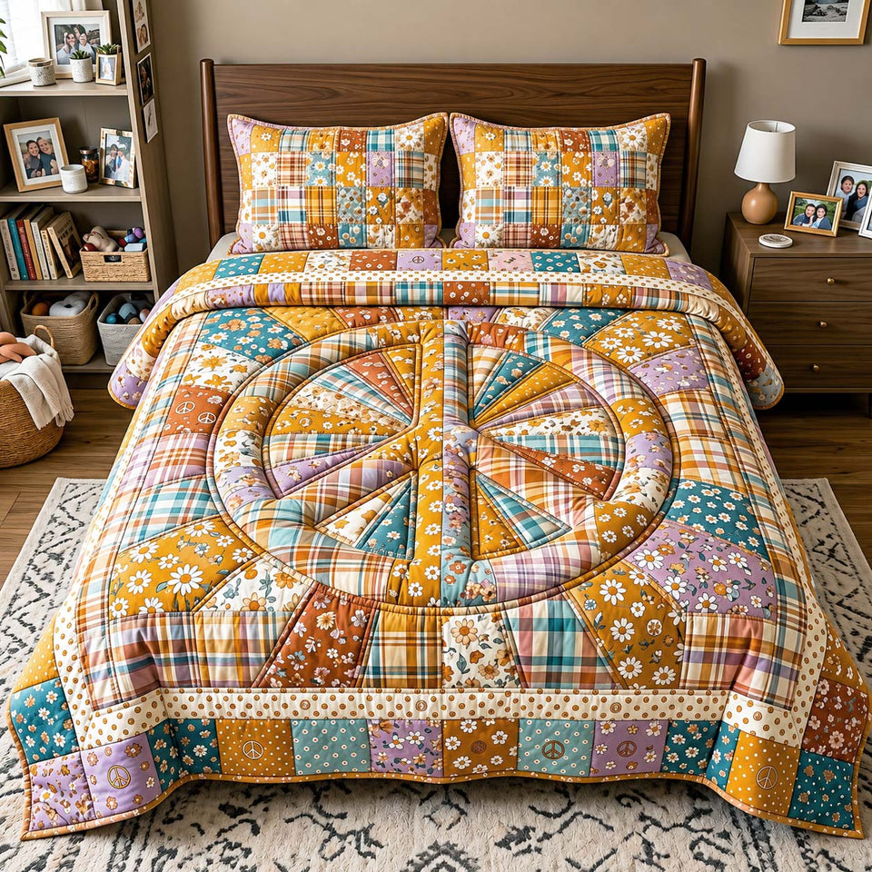Patchwork Unity Peace Plaid quilted bedding set, quilt and two pillow shams on a made bed