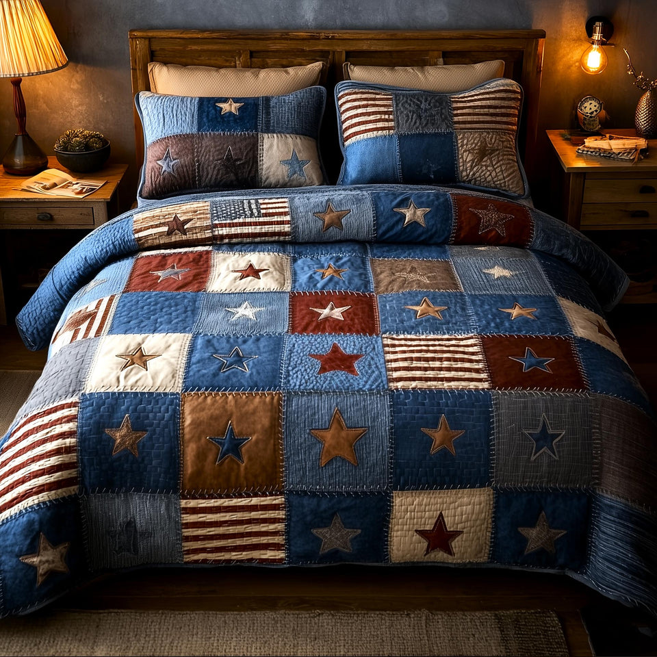 Patchwork West quilted bedding set, quilt and two pillow shams on a made bed