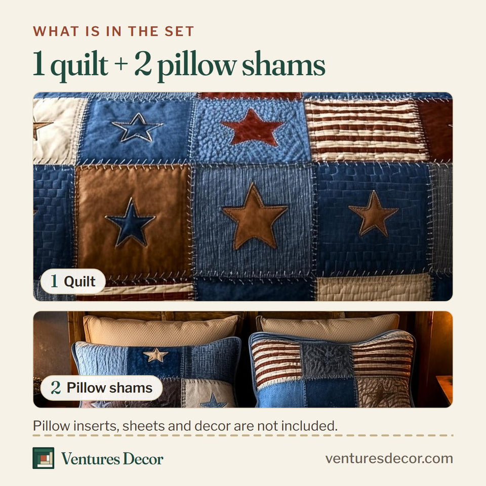What is in the set: one quilt and two pillow shams, shown in the Patchwork West design