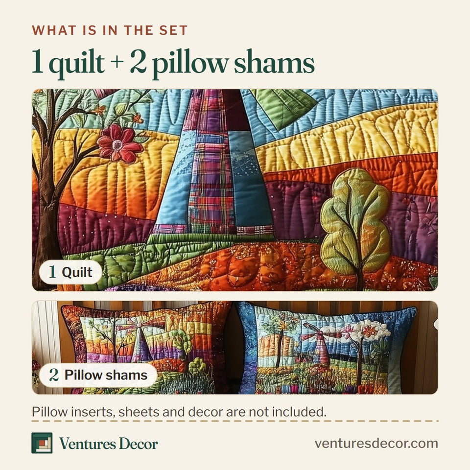What is in the set: one quilt and two pillow shams, shown in the Patchwork Windmill design