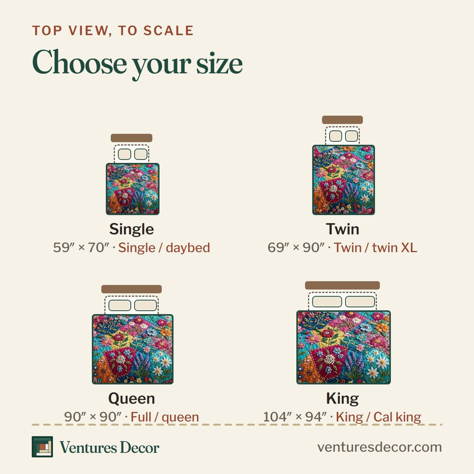 Size guide for the Patchy Bloom Bright Diamond Blooms quilt, top view to scale: Single 59 x 70 in, Twin 69 x 90 in, Queen 90 x 90 in, King 104 x 94 in