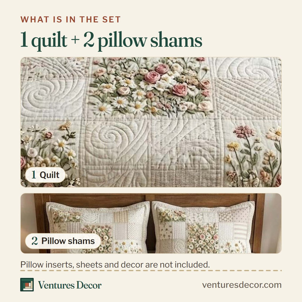 What is in the set: one quilt and two pillow shams, shown in the Patchy Bloom Cream Tonal Sprigs design