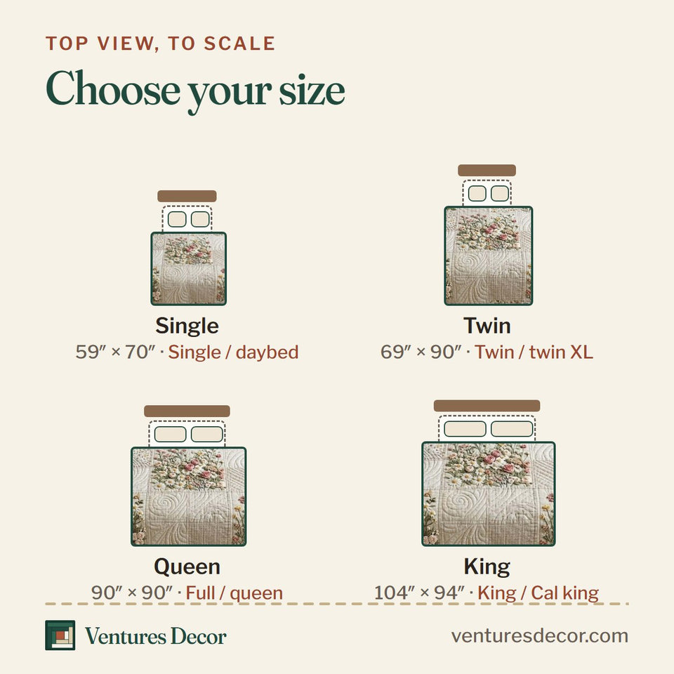 Size guide for the Patchy Bloom Cream Tonal Sprigs quilt, top view to scale: Single 59 x 70 in, Twin 69 x 90 in, Queen 90 x 90 in, King 104 x 94 in