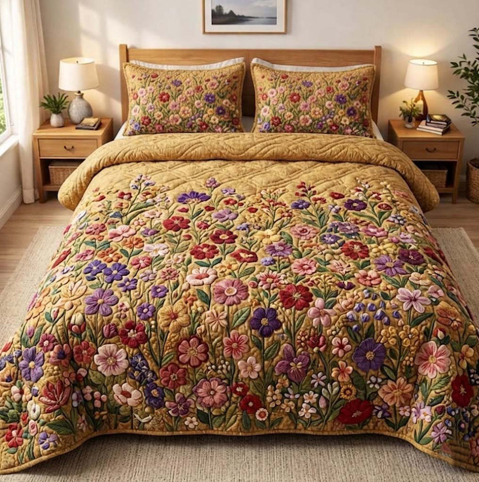 Patchy Bloom Golden Wildflower Field quilted bedding set, quilt and two pillow shams on a made bed