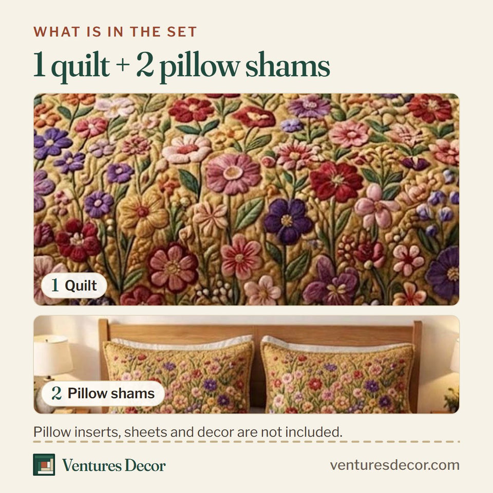 What is in the set: one quilt and two pillow shams, shown in the Patchy Bloom Golden Wildflower Field design