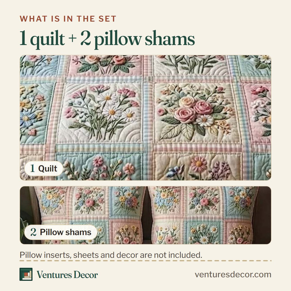What is in the set: one quilt and two pillow shams, shown in the Patchy Bloom Pastel Bouquet Blocks design