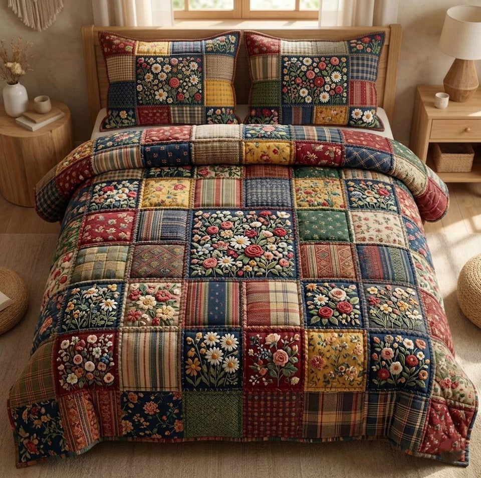 Patchy Bloom Plaid and Flower Squares quilted bedding set, quilt and two pillow shams on a made bed