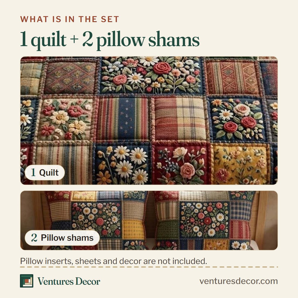 What is in the set: one quilt and two pillow shams, shown in the Patchy Bloom Plaid and Flower Squares design