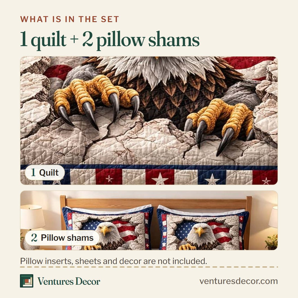 What is in the set: one quilt and two pillow shams, shown in the Patriot Breakthrough design