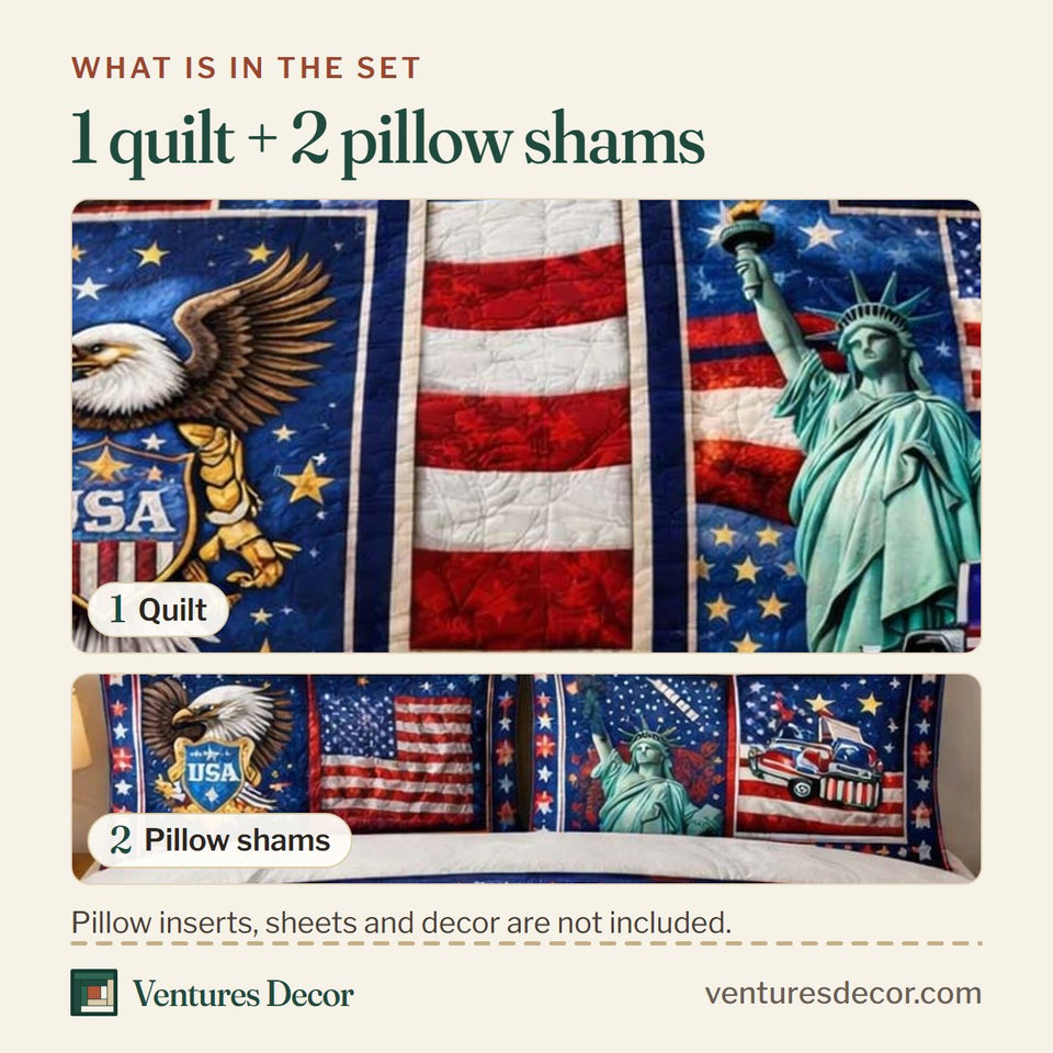 What is in the set: one quilt and two pillow shams, shown in the Patriot Crossroads design