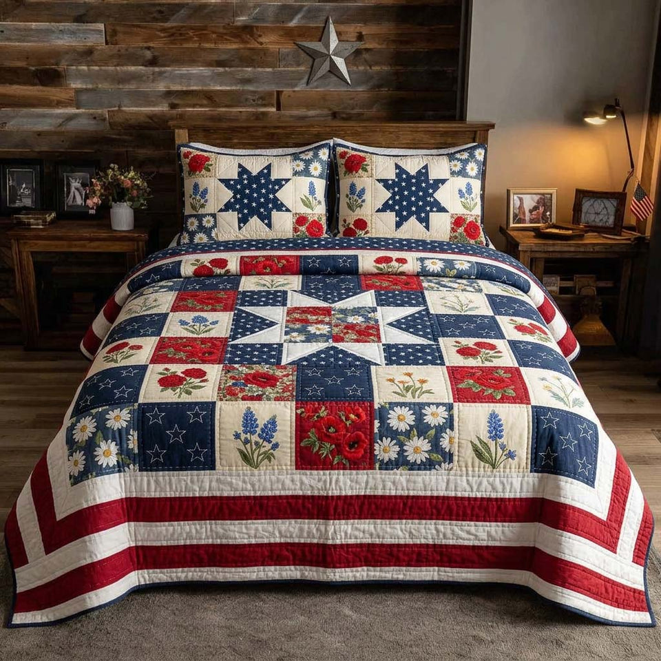 Patriot Garden quilted bedding set, quilt and two pillow shams on a made bed