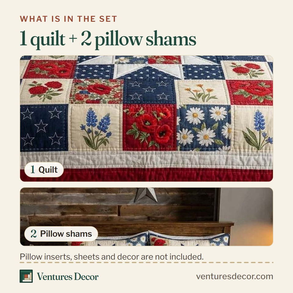 What is in the set: one quilt and two pillow shams, shown in the Patriot Garden design