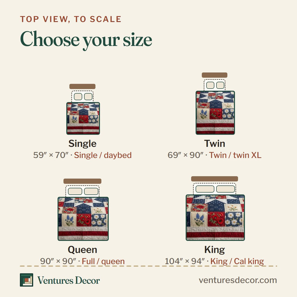 Size guide for the Patriot Garden quilt, top view to scale: Single 59 x 70 in, Twin 69 x 90 in, Queen 90 x 90 in, King 104 x 94 in