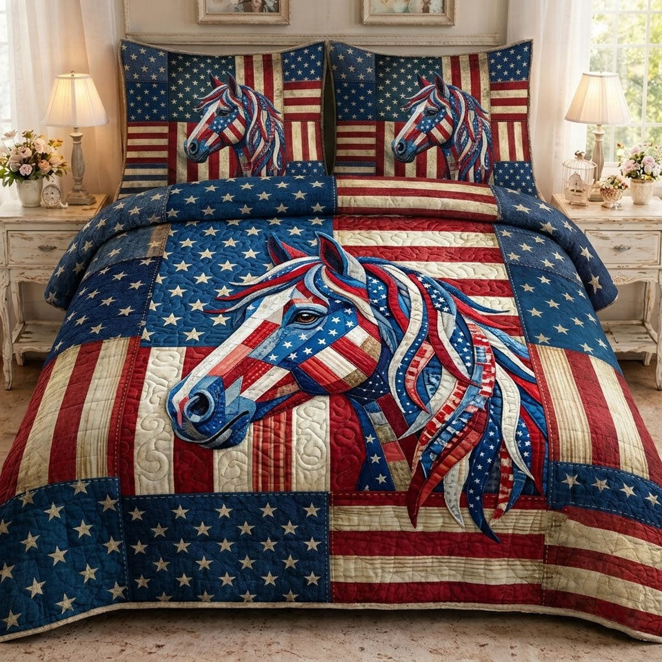 Patriot Horse Star Panel Mane quilted bedding set, quilt and two pillow shams on a made bed