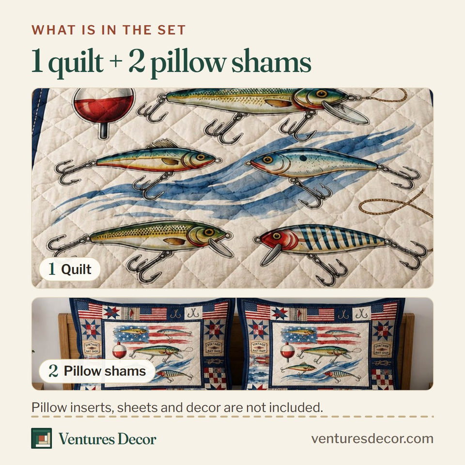 What is in the set: one quilt and two pillow shams, shown in the Patriot Lure Collection design