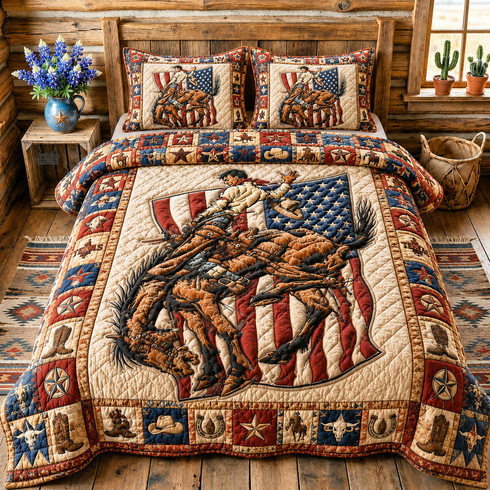Patriot Rodeo Horse quilted bedding set, quilt and two pillow shams on a made bed