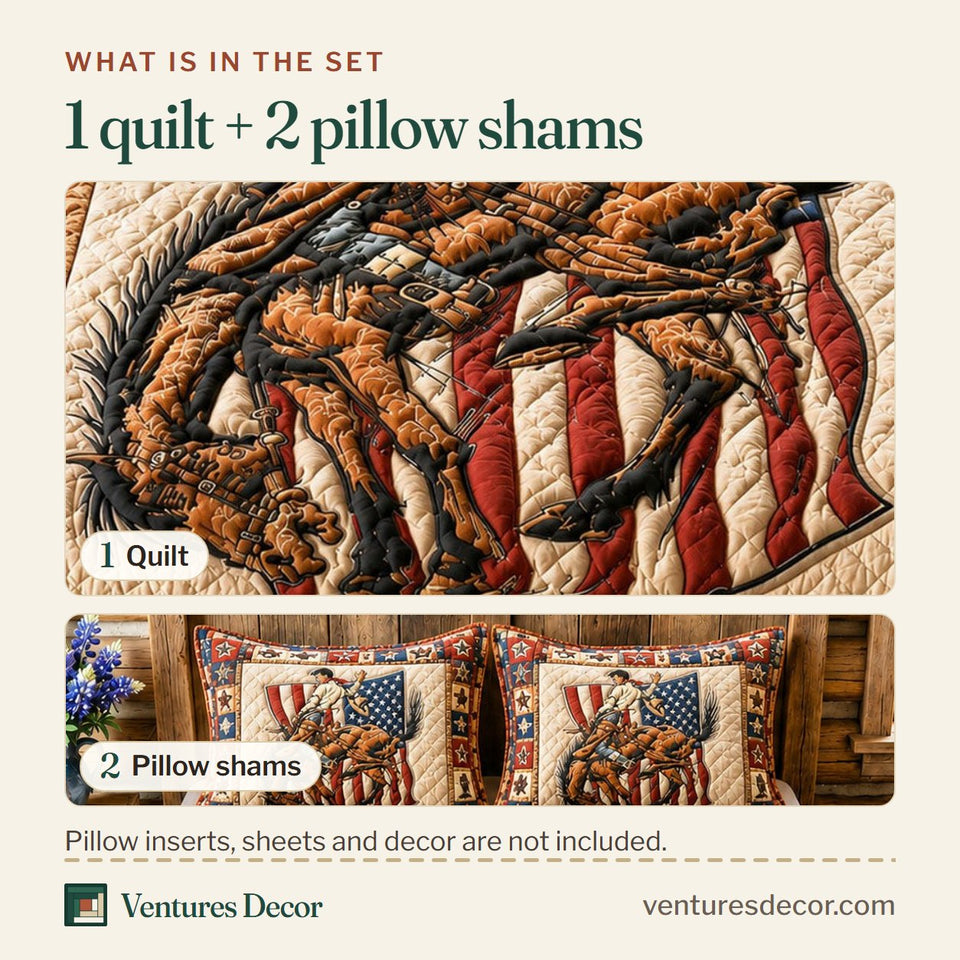 What is in the set: one quilt and two pillow shams, shown in the Patriot Rodeo Horse design