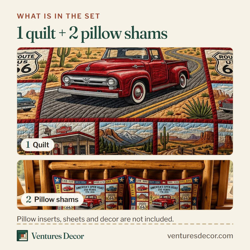 What is in the set: one quilt and two pillow shams, shown in the Patriot Route design