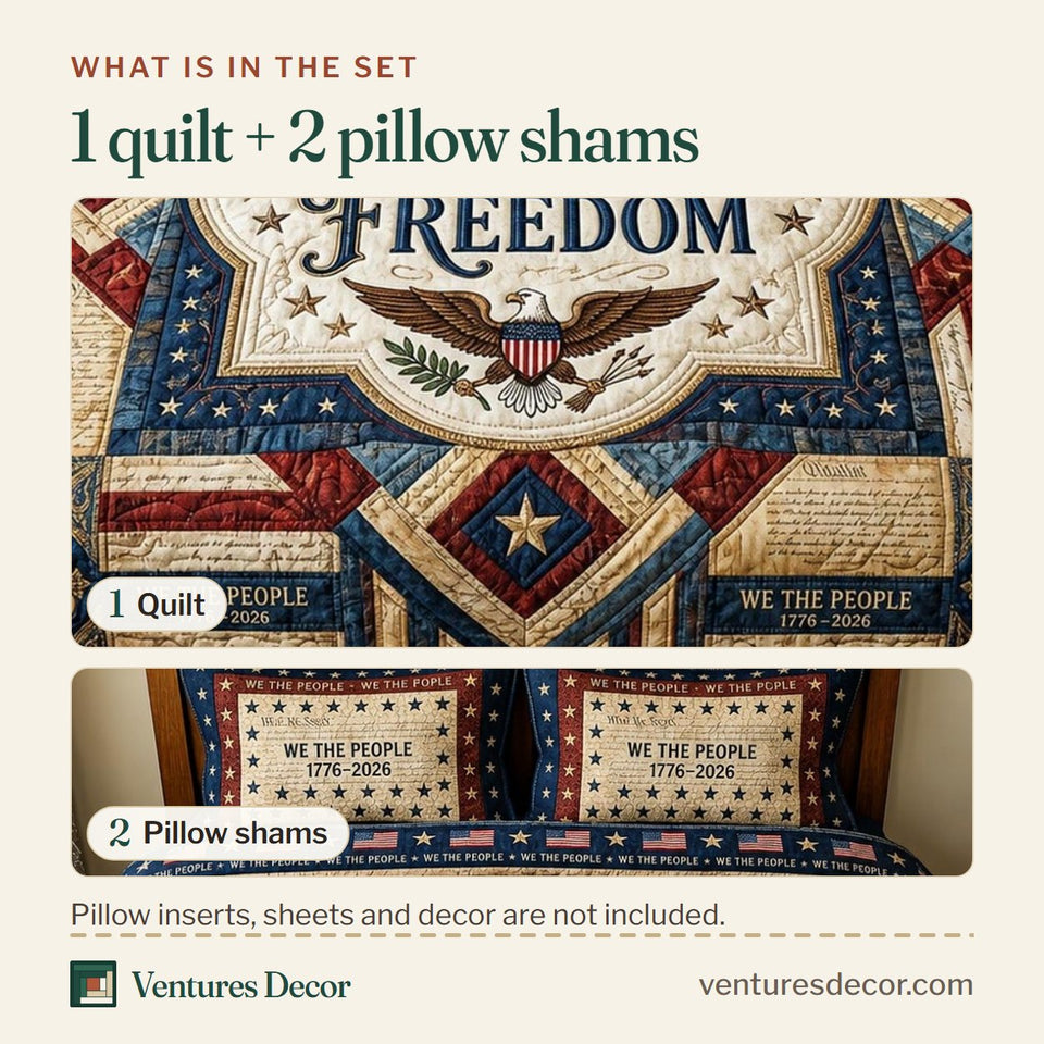 What is in the set: one quilt and two pillow shams, shown in the Patriot Threads design