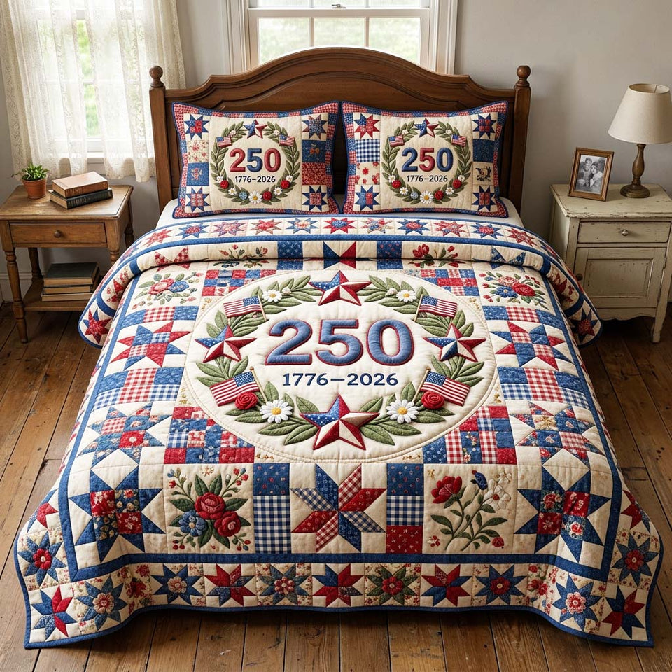 Patriot Wreath Star Block Garland quilted bedding set, quilt and two pillow shams on a made bed