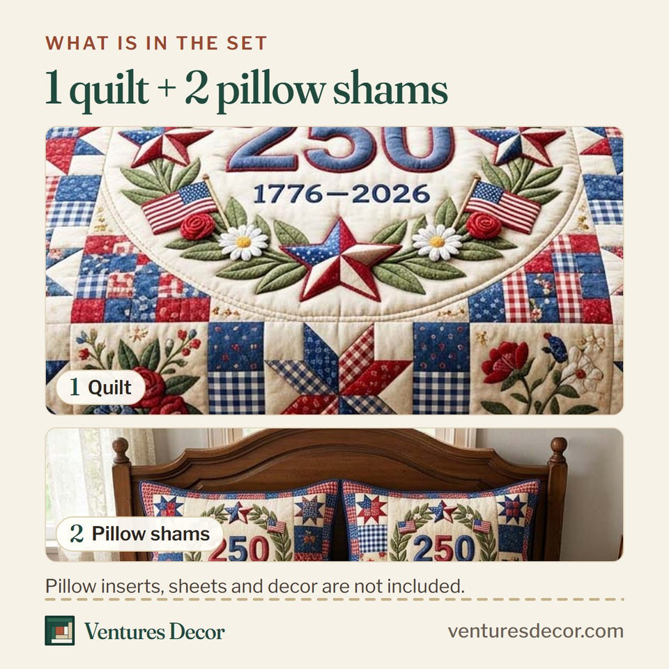 What is in the set: one quilt and two pillow shams, shown in the Patriot Wreath Star Block Garland design