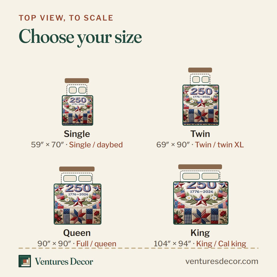 Size guide for the Patriot Wreath Star Block Garland quilt, top view to scale: Single 59 x 70 in, Twin 69 x 90 in, Queen 90 x 90 in, King 104 x 94 in