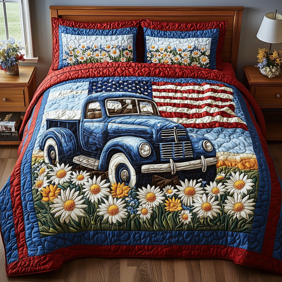 Patriotic America Truck Golden Field Flag quilted bedding set, quilt and two pillow shams on a made bed