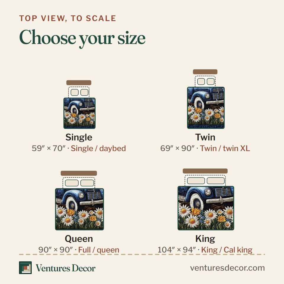 Size guide for the Patriotic America Truck Golden Field Flag quilt, top view to scale: Single 59 x 70 in, Twin 69 x 90 in, Queen 90 x 90 in, King 104 x 94 in