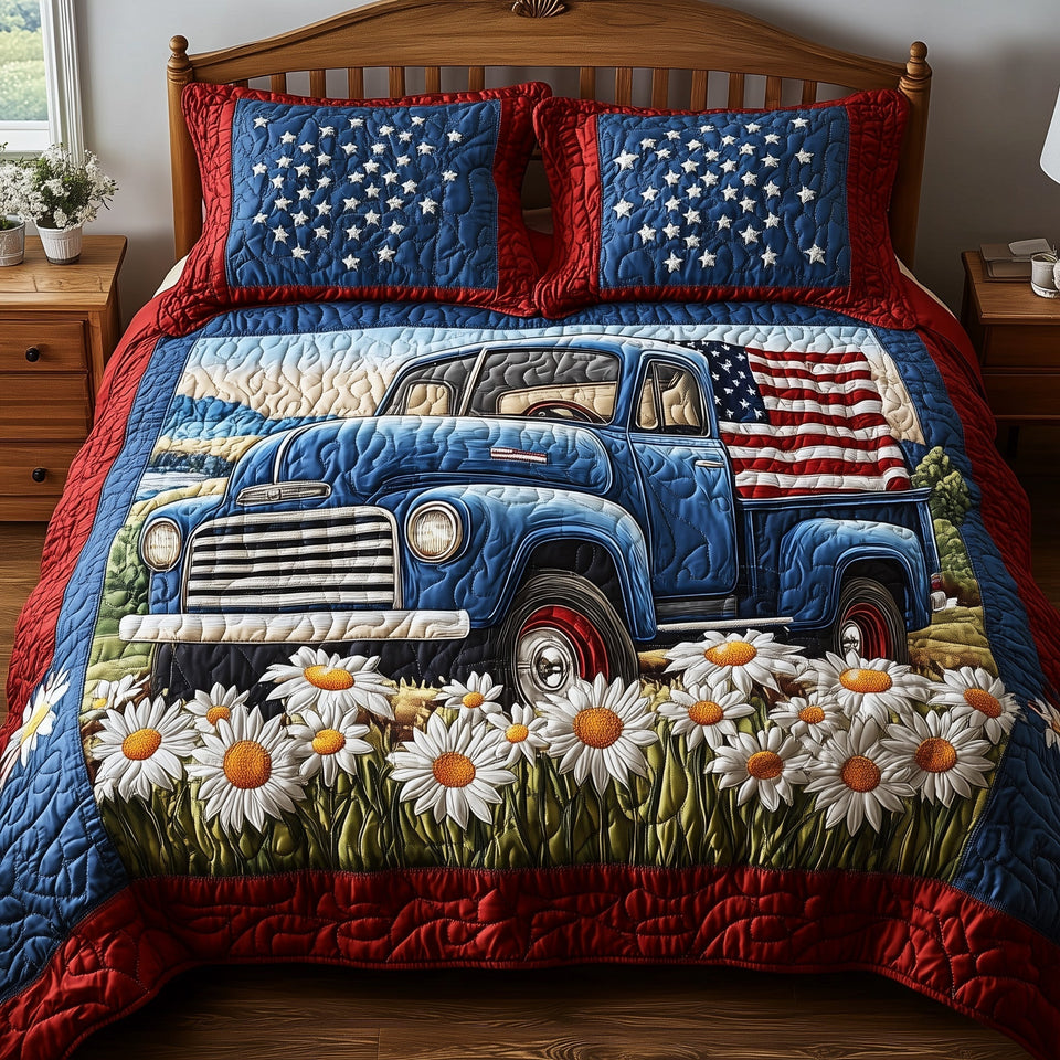 Patriotic America Truck Tall Daisy Row quilted bedding set, quilt and two pillow shams on a made bed