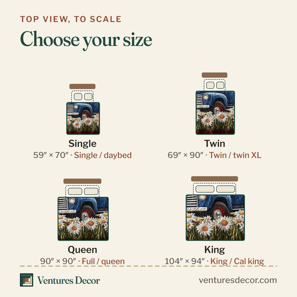 Size guide for the Patriotic America Truck Tall Daisy Row quilt, top view to scale: Single 59 x 70 in, Twin 69 x 90 in, Queen 90 x 90 in, King 104 x 94 in