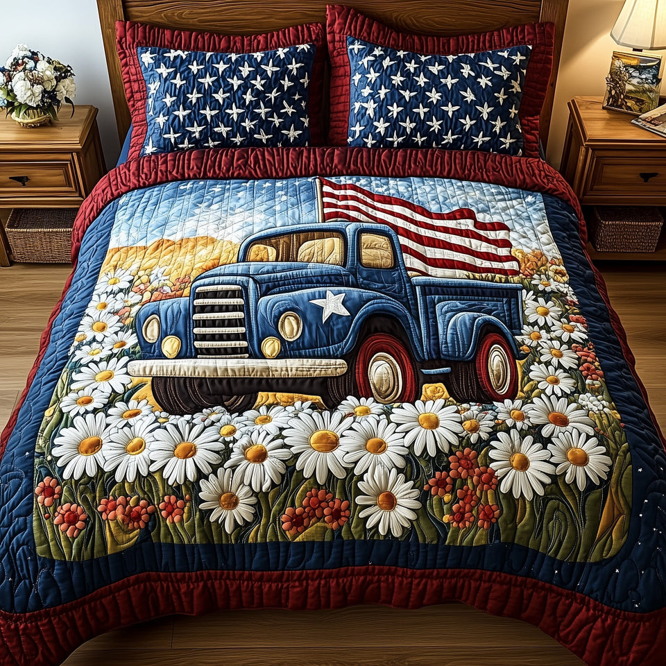 Patriotic America Truck Wheat and Poppies quilted bedding set, quilt and two pillow shams on a made bed