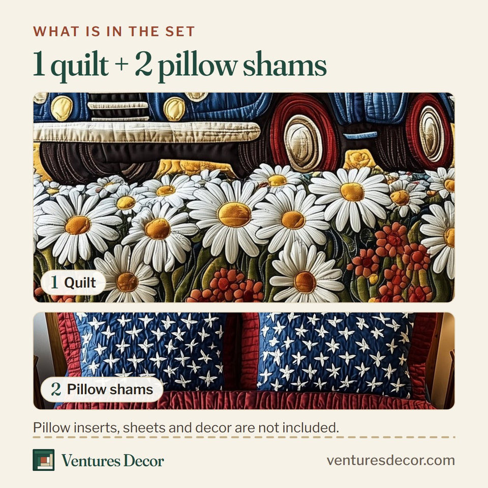 What is in the set: one quilt and two pillow shams, shown in the Patriotic America Truck Wheat and Poppies design