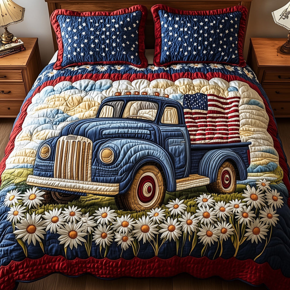 Patriotic America Truck Wooden Slat Bed quilted bedding set, quilt and two pillow shams on a made bed
