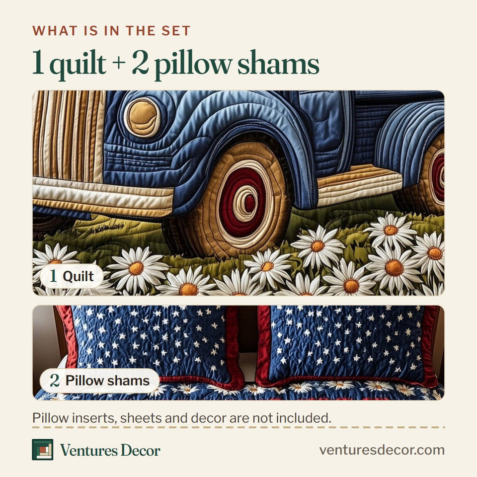 What is in the set: one quilt and two pillow shams, shown in the Patriotic America Truck Wooden Slat Bed design