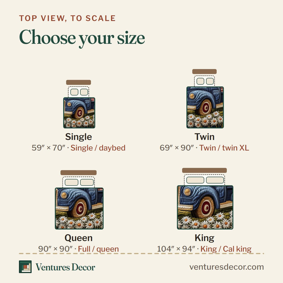 Size guide for the Patriotic America Truck Wooden Slat Bed quilt, top view to scale: Single 59 x 70 in, Twin 69 x 90 in, Queen 90 x 90 in, King 104 x 94 in