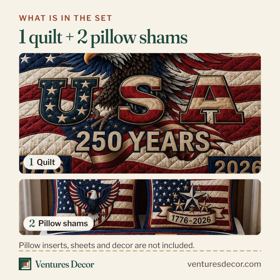 What is in the set: one quilt and two pillow shams, shown in the Patriotic Bald Eagle USA Panel Banner design