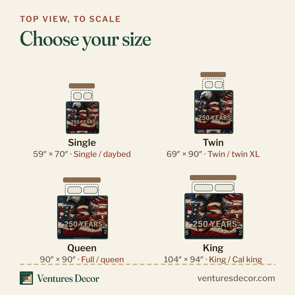 Size guide for the Patriotic Bald Eagle USA Panel Banner quilt, top view to scale: Single 59 x 70 in, Twin 69 x 90 in, Queen 90 x 90 in, King 104 x 94 in