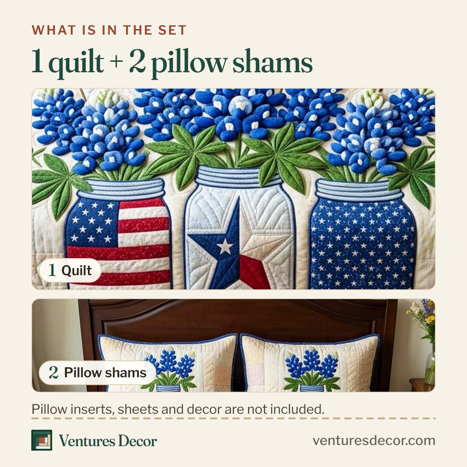 What is in the set: one quilt and two pillow shams, shown in the Patriotic Bluebonnet design