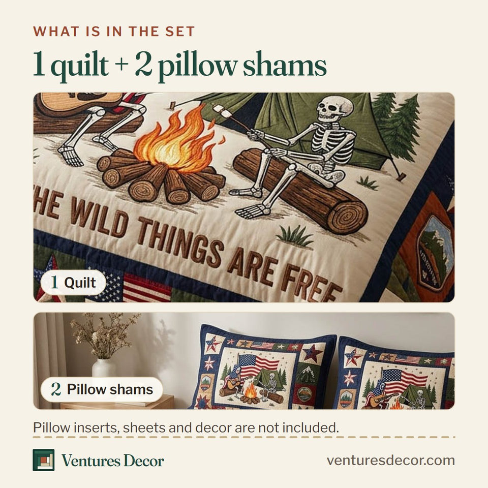 What is in the set: one quilt and two pillow shams, shown in the Patriotic Campfire design