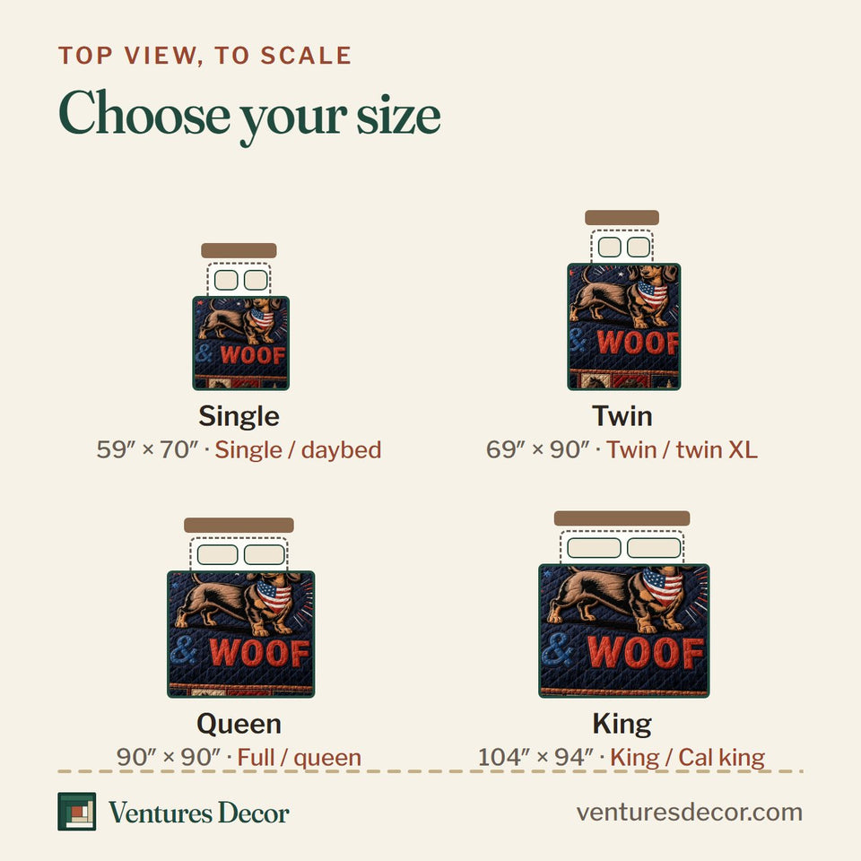 Size guide for the Patriotic Doxie Cowboy quilt, top view to scale: Single 59 x 70 in, Twin 69 x 90 in, Queen 90 x 90 in, King 104 x 94 in