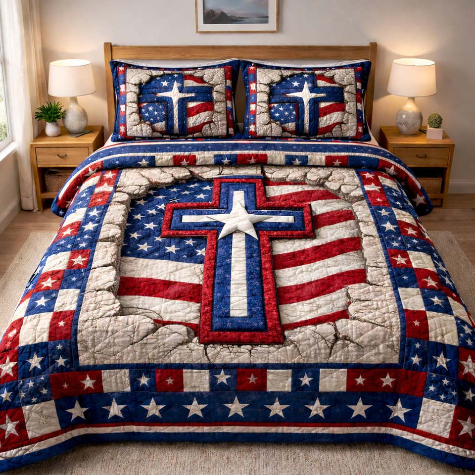Patriotic Faith Cross Stripes and Star Border quilted bedding set, quilt and two pillow shams on a made bed