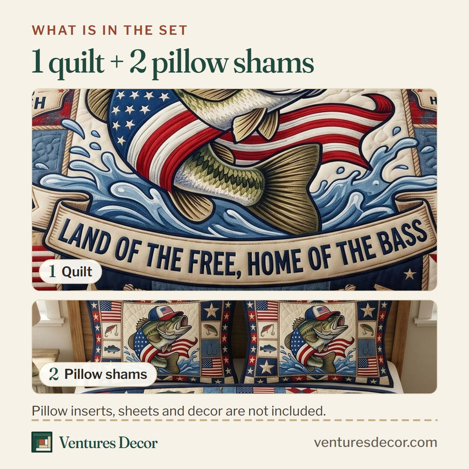 What is in the set: one quilt and two pillow shams, shown in the Patriotic Fishing Flag Patch Border design